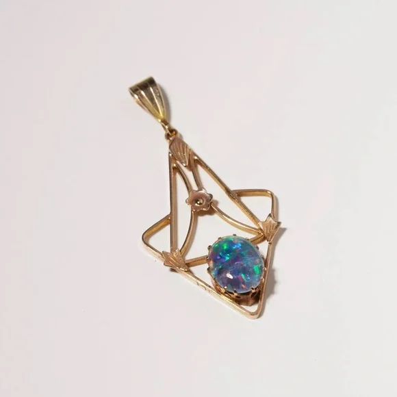 Antique Art Nouveau Australian Opal Triplet Lavaliere Pendant 9K Gold - Picture 11 of 15